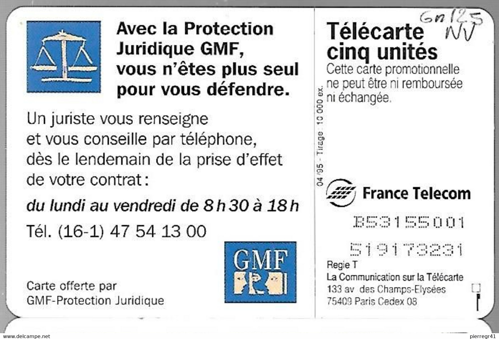 CARTE²-PUCE-PRIVEE-5U-GN125-04/95-GEMB-GMF-V°DN° Série 5001-R°Glacé-NEUVE TBE-LUXE - 5 Unità