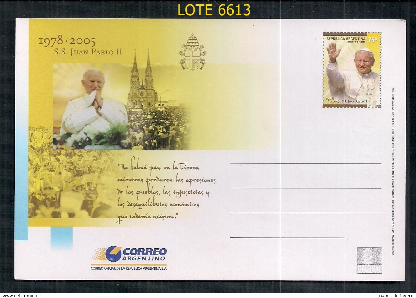 ARGENTINA 2005 ENTERO POSTAL SS JUAN PABLO II - Briefe U. Dokumente