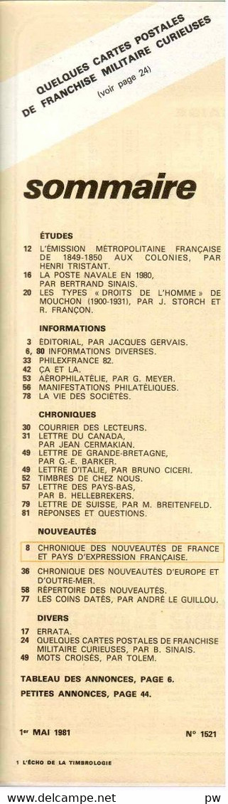 REVUE L'ECHO DE LA TIMBROLOGIE Année 1981 (n° 1521) - Français (àpd. 1941)