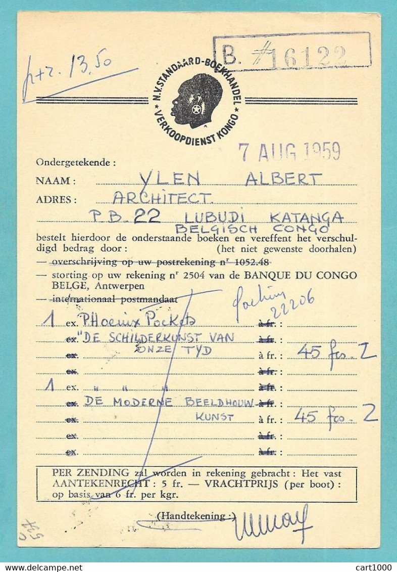 BELGISCH CONGO BELGE LUBUDI 1959 BESTELKAART VOOR BOEKEN PAR AVION N°C537 - Lettres & Documents