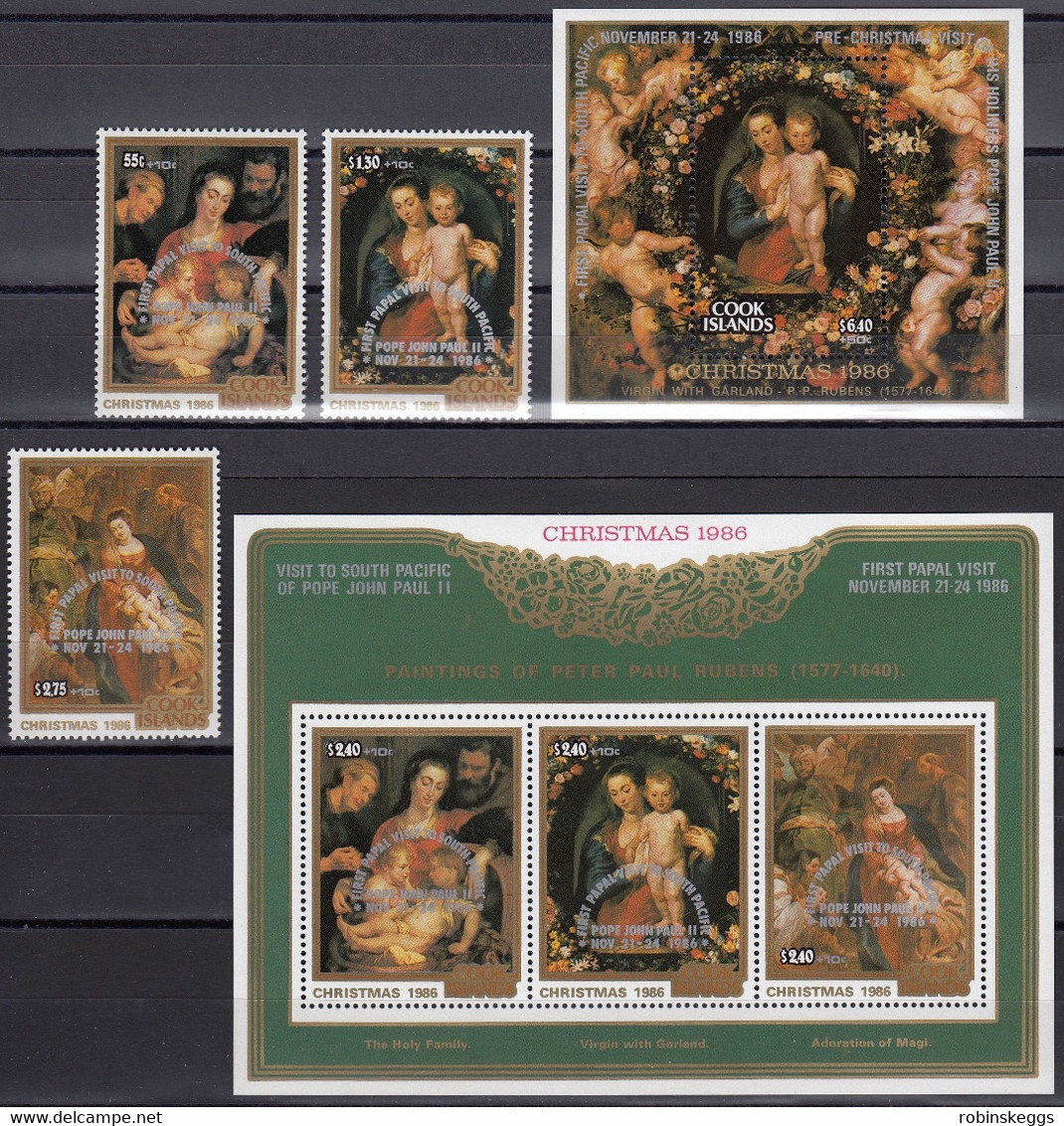 COOK ISLANDS 1986 Pope John Paul II South Pacific Visit, Set Of 3 & 2 M/S’s MNH - Paintings