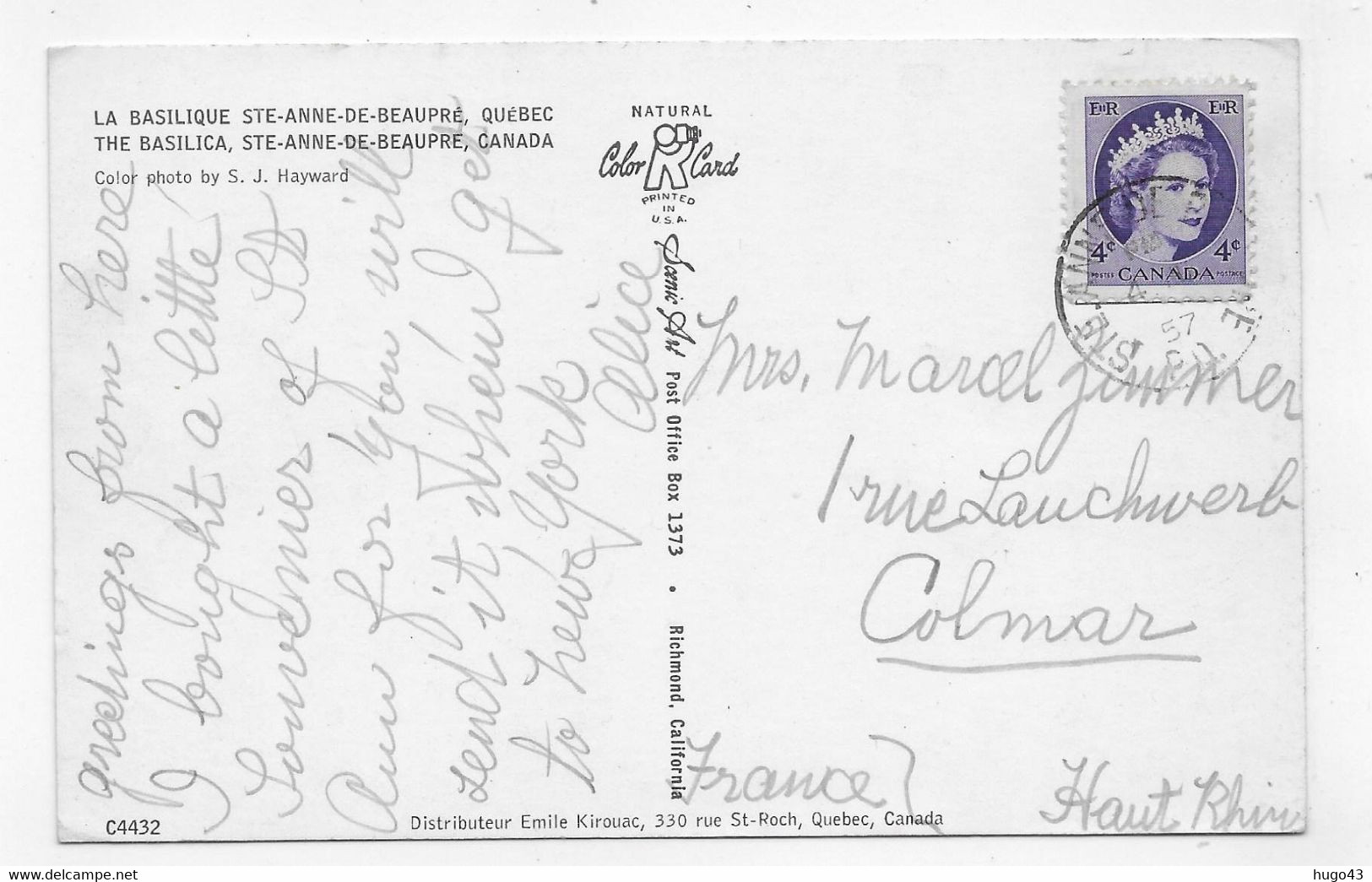 (RECTO / VERSO) LA BASILIQUE SAINTE ANNE DE BEAUPRE EN 1957 - QUEBEC - BEAU TIMBRE ET CACHET - FORMAT CPA - Ste. Anne De Beaupré