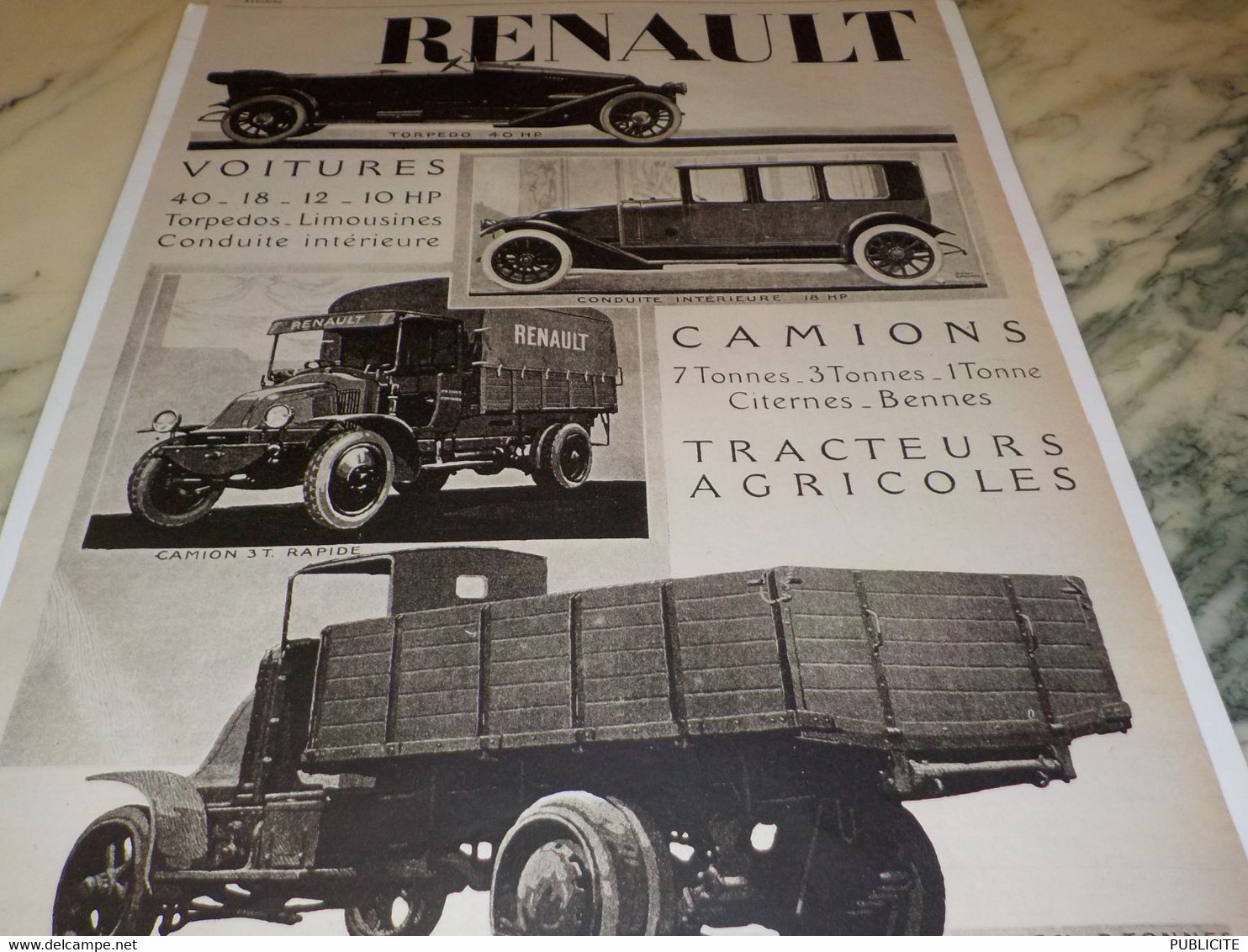 ANCIENNE PUBLICITE CAMION TRACTEUR VOITURE  RENAULT 1920 - Camion