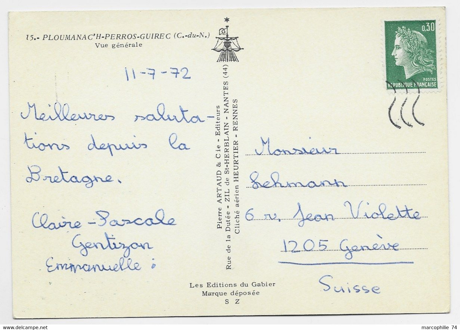 CHEFFER 30C VERT SEUL CARTE COTES DU NORD 11.7.1972 ANNULATION 3 LIGNES DE SUISSE EN ARRIVEE - 1967-1970 Marianne Of Cheffer