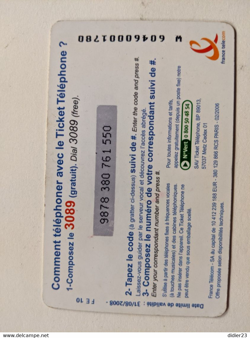 TELECARTE FRANCE TELECOM  10 € CARTON TICKET TELEPHONE - Operatori Telecom