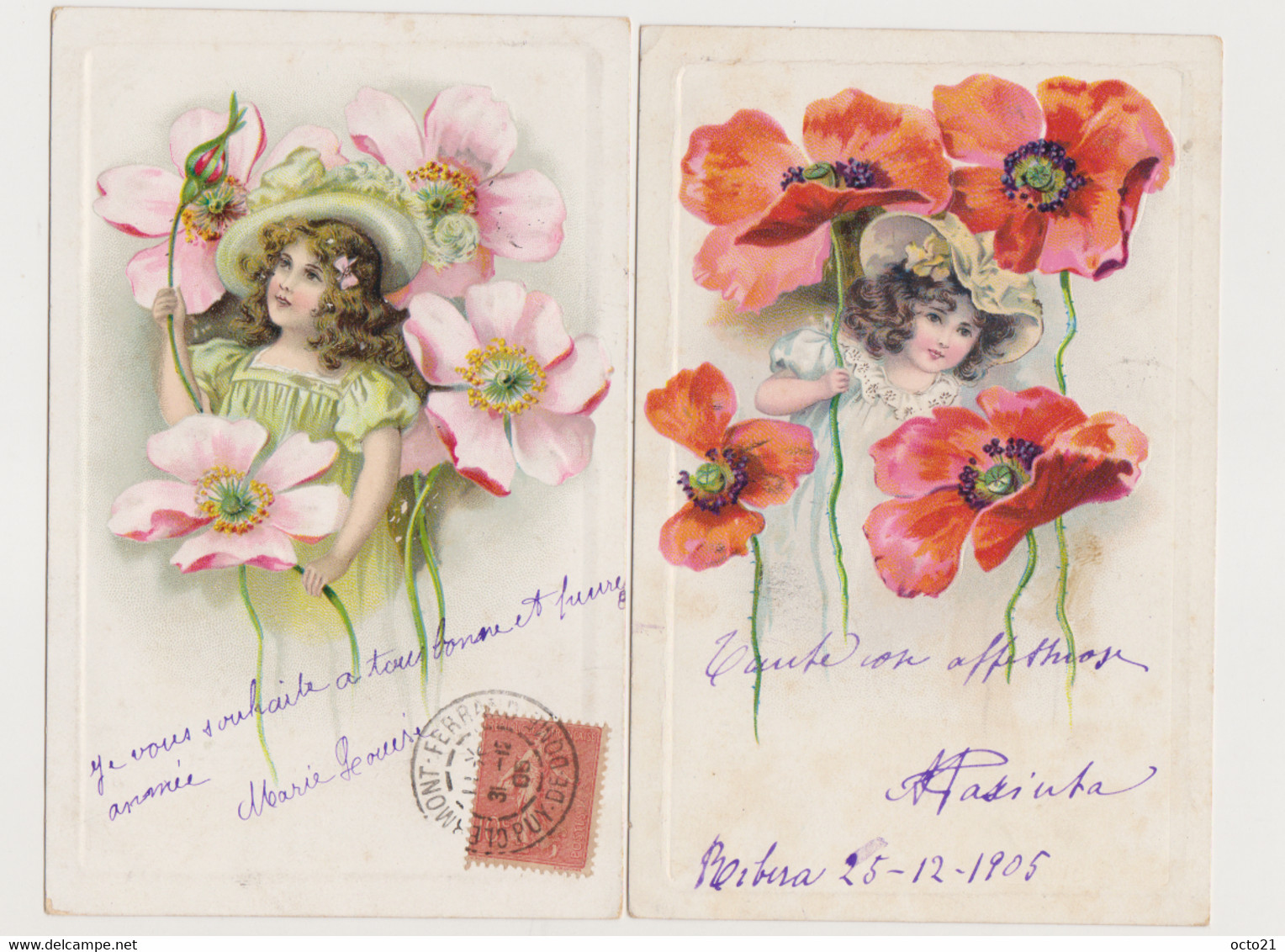 2 Cartes Fantaisie Gaufrées / Fillettes , Fleurs  Géantes ( Coquelicot , Rose Trémière ?) - Sonstige & Ohne Zuordnung