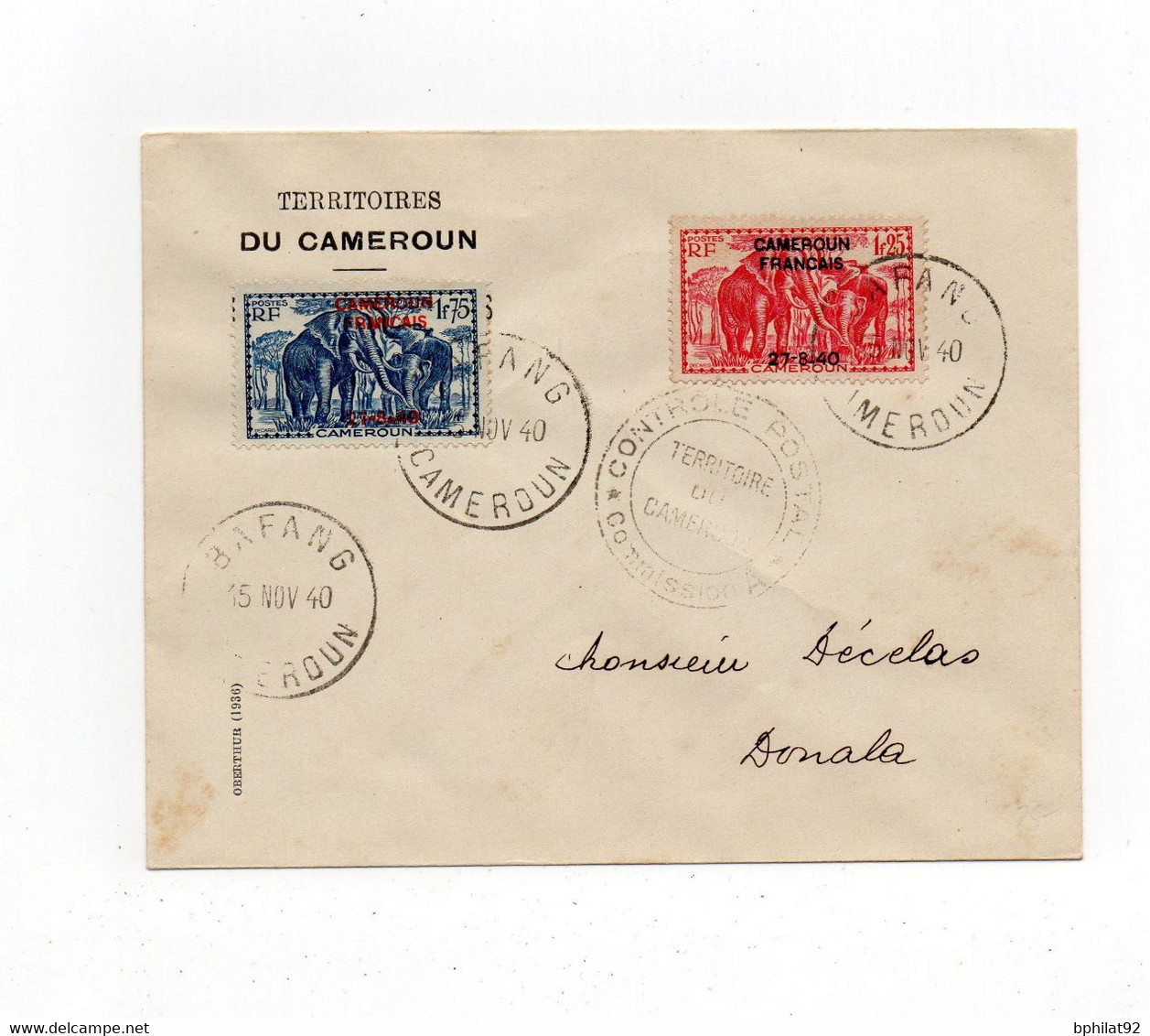 !!! CAMEROUN, LETTRE DE BAFANG POUR DOUALA  DU 15/11/1940 AVEC CACHET DE CONTROLE - Lettres & Documents