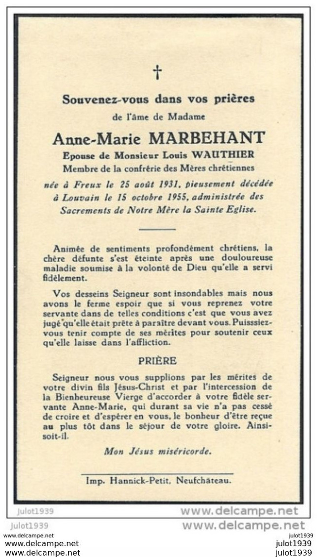 FREUX ..-- Mme  Anne - Marie MARBEHANT , épouse De Mr Louis WAUTHIER , Née En 1931 . Décédée à LOUVAIN En 1955 . - Libramont-Chevigny