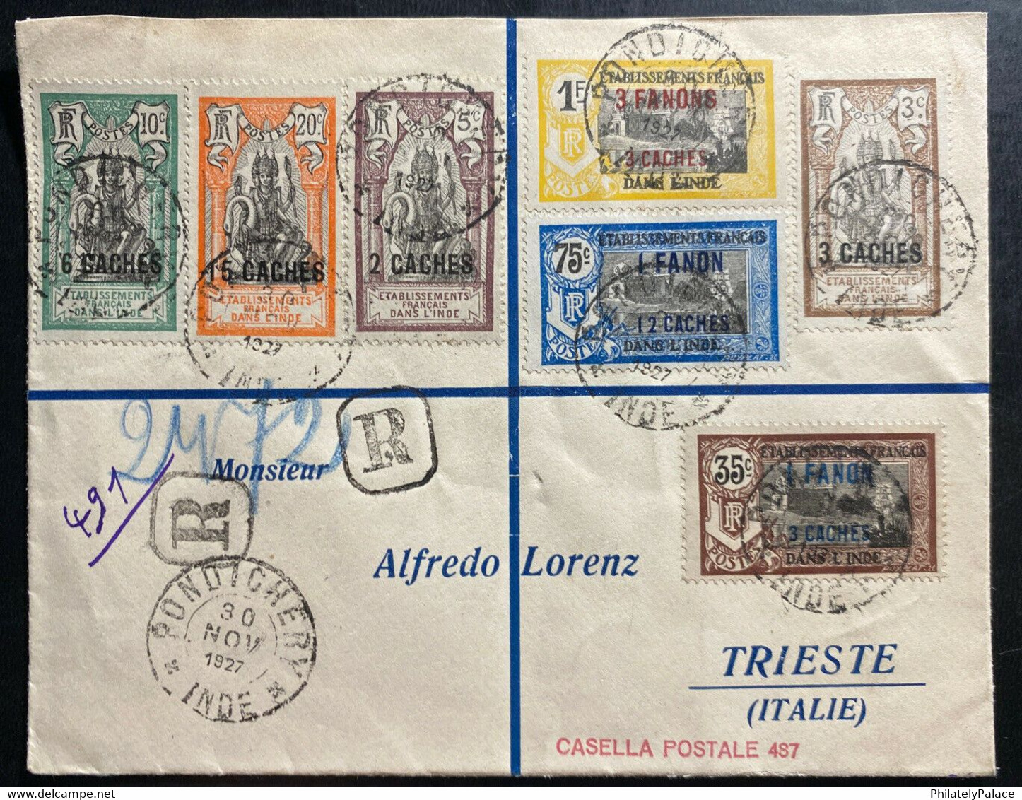 1927 Pondichery French India Registered Cover To Triest Italy (**) Inde Indien - Lettres & Documents