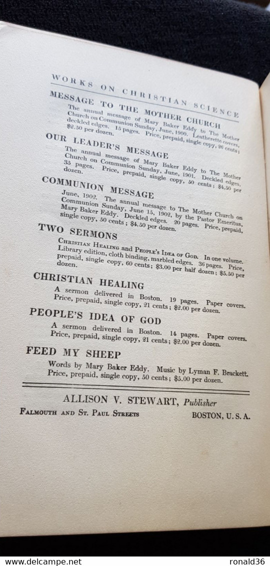 livre 1909 reliure noire CHRISTIAN HEALING and THE PEOPLE'S IDEA OF GOD Sermons delivered at Boston USA Mary Baker Eddy