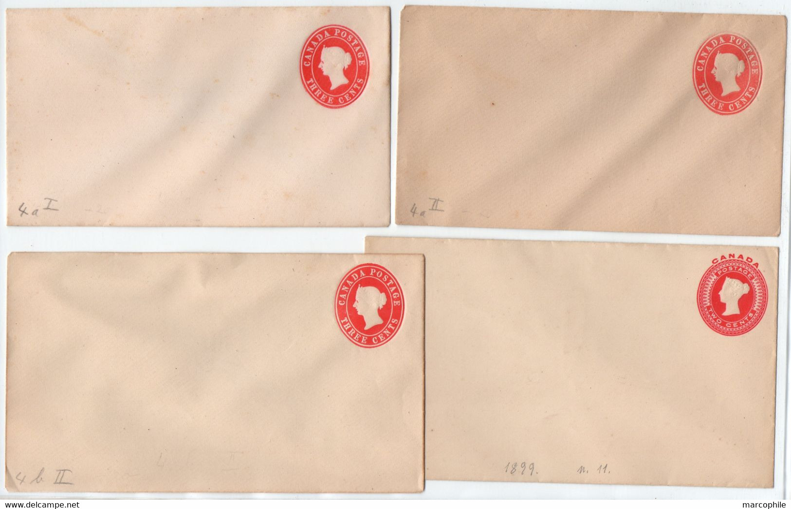 CANADA - QV / 4 ENTIERS POSTAUX 3 C. ROUGE  TOUS DIFFERENTS - STATIONERY (ref 8615) - 1860-1899 Regno Di Victoria