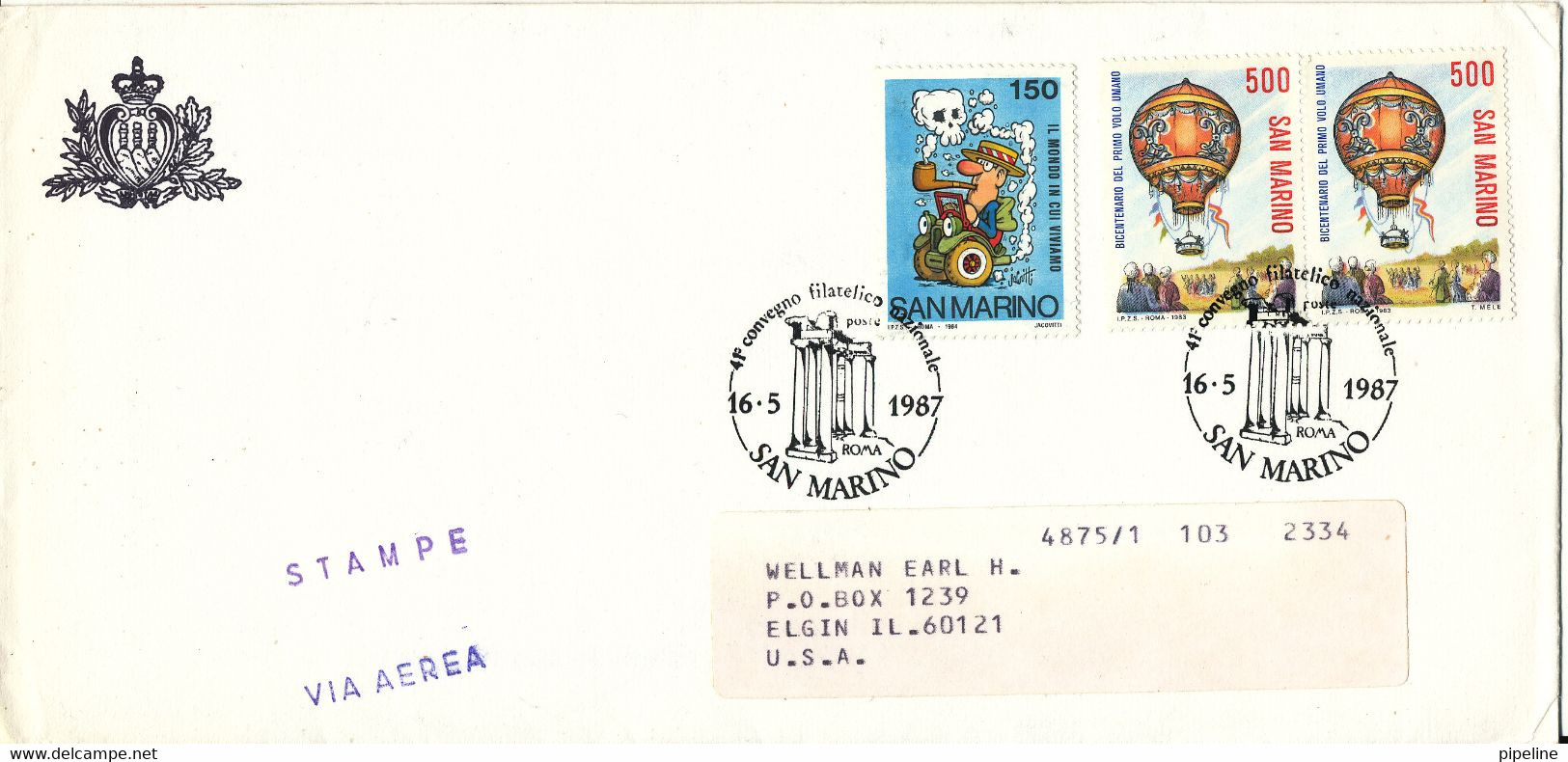 San Marino Cover Sent Air Mail To USA 16-5-1987 Topic Stamps - Lettres & Documents