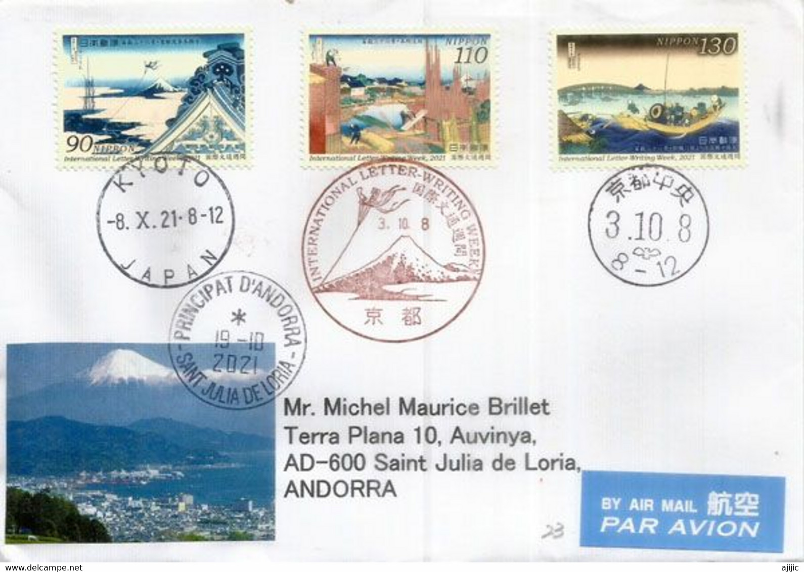 2021: International Letter Writting Week, Special Postmark Mt FUJI, Letter Sent To Andorra - Brieven En Documenten