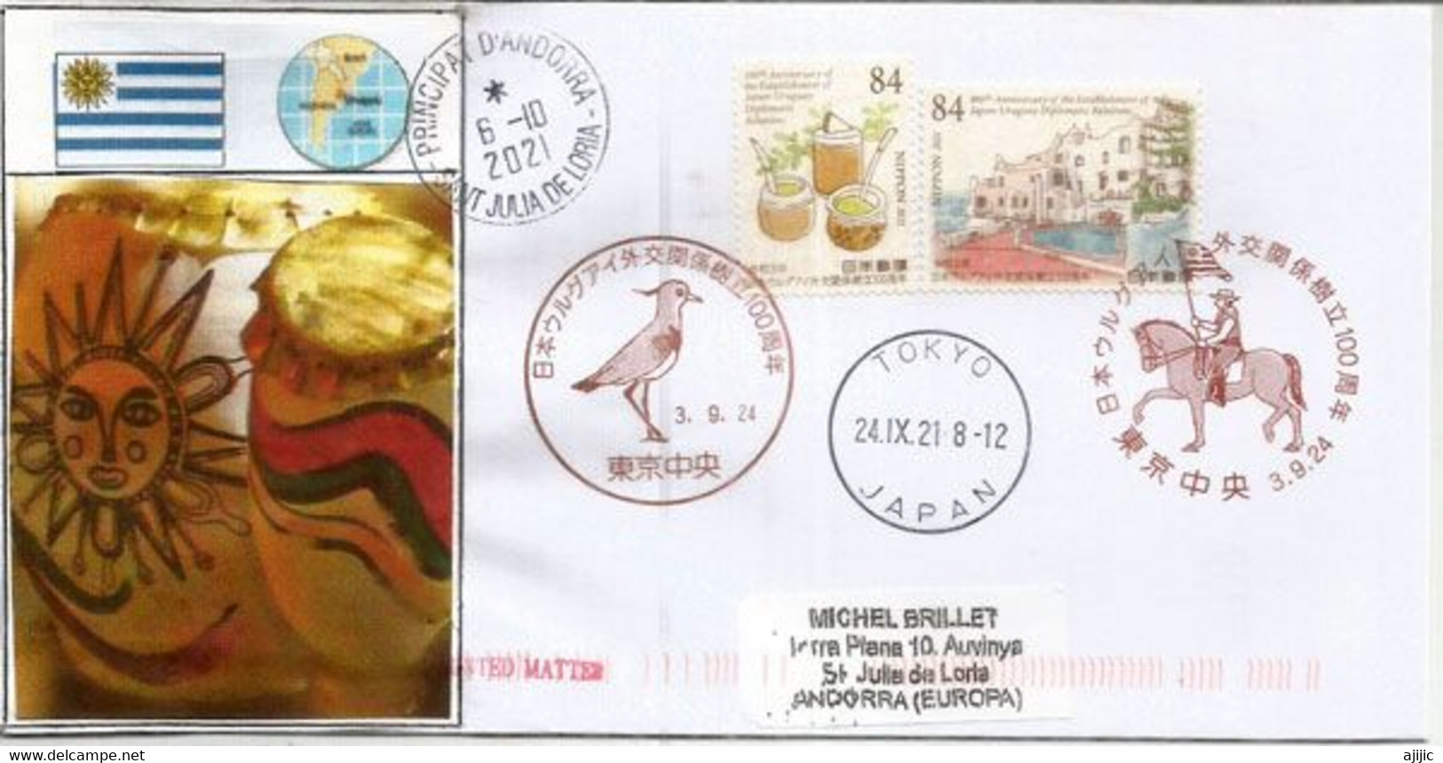 2021: Japan-Uruguay Joint Issue  (100 Ieme Anniversaire), Letter Sent To Andorra - Cartas & Documentos