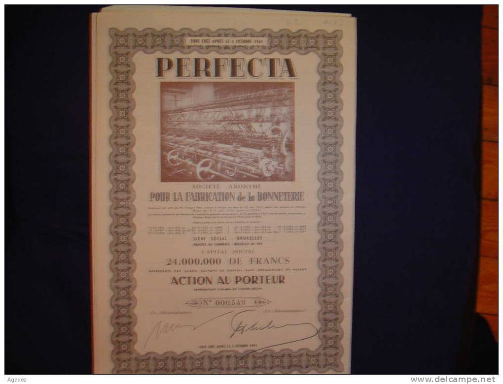 Action"Perfecta" Sté Pour La Fabrication De La Bonneterie Bruxelles" 1947 Excellent état,reste Des Coupons Imp.Protecto - Textile