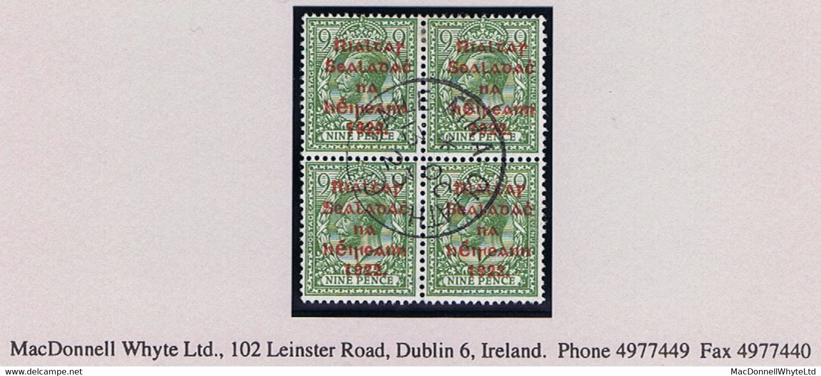 Ireland 1922 Thom Rialtas 5-line Ovpt In Red On 9d Olive-green Brilliantly Fresh Used Block Of Four BAILE ATHA CLIATH 13 - Usati