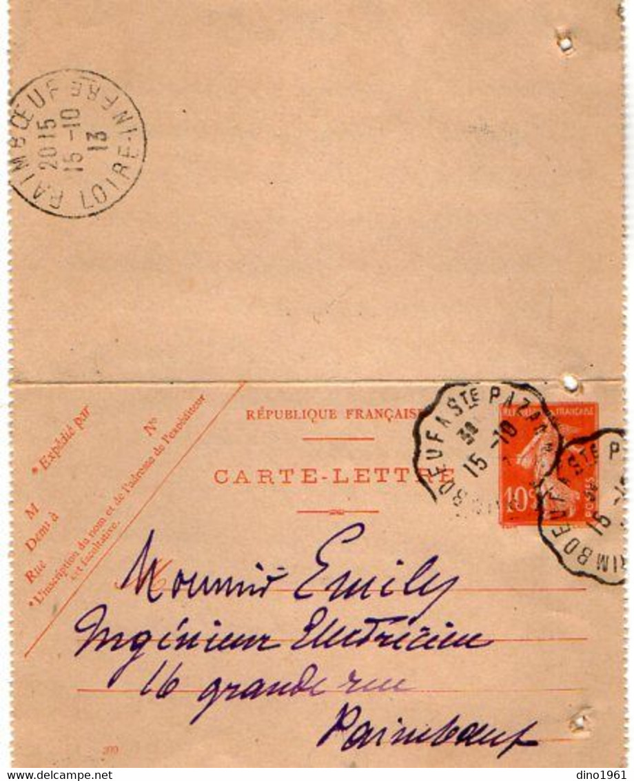 TB 3031 - 1913 - Carte - Lettre - Entier Postal Type Semeuse  MP PAIMBOEUF A SAINTE PAZANNE - Cartes-lettres