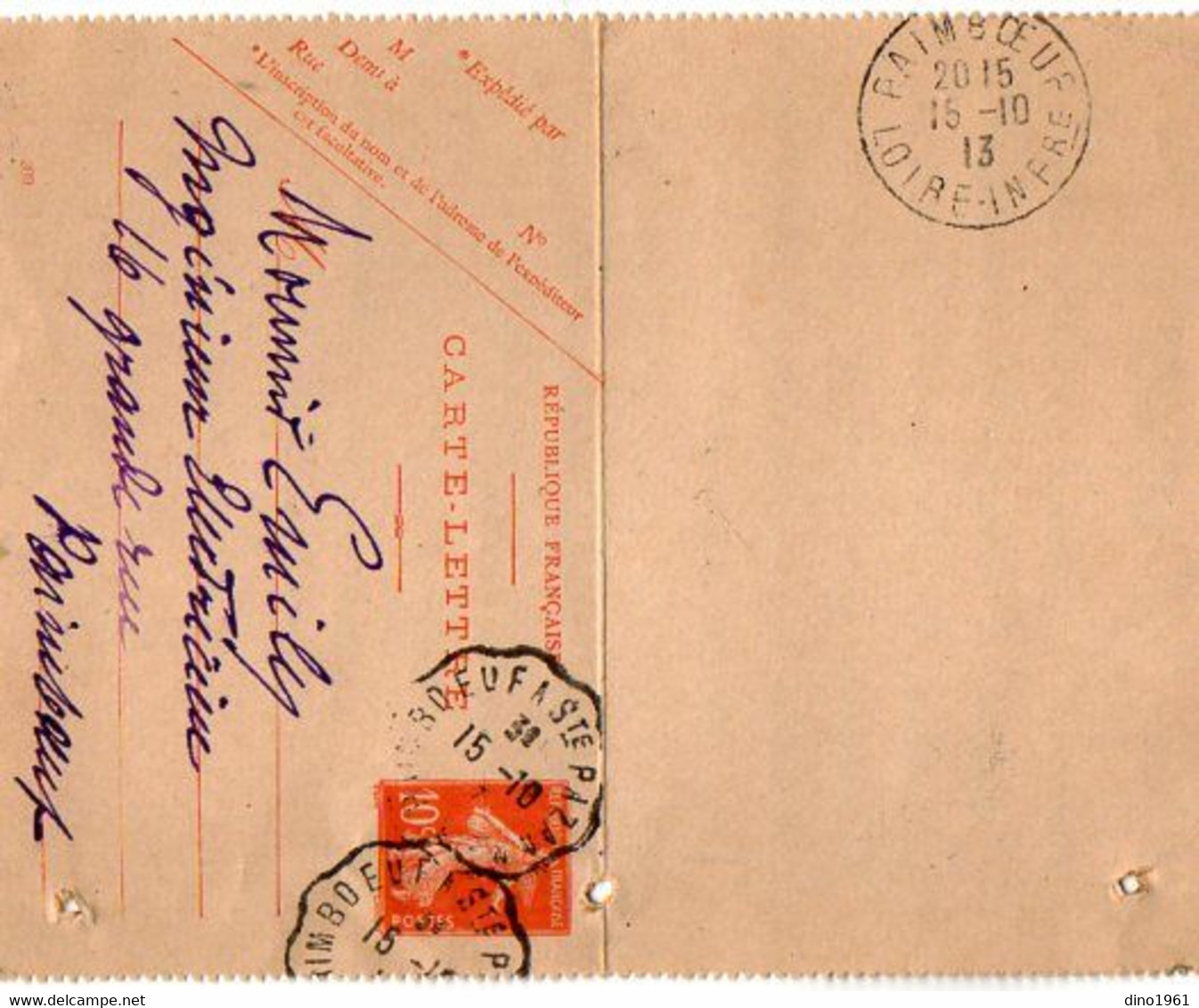 TB 3031 - 1913 - Carte - Lettre - Entier Postal Type Semeuse  MP PAIMBOEUF A SAINTE PAZANNE - Cartes-lettres