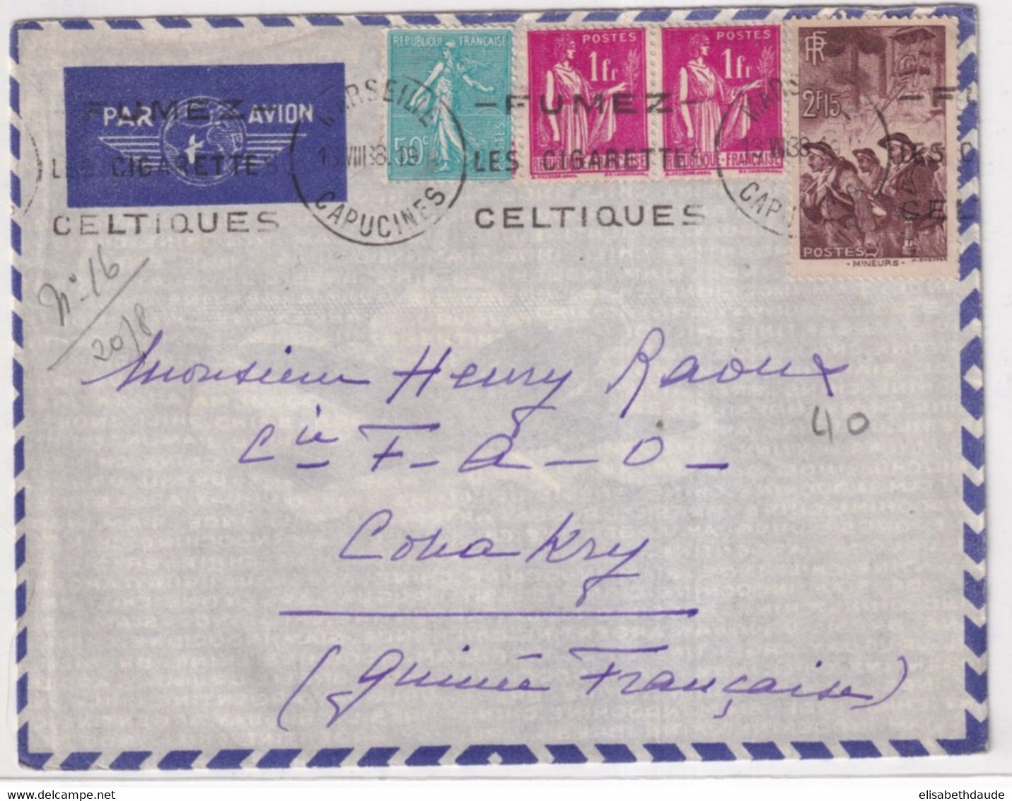 1938 - ENVELOPPE Par AVION AIR FRANCE De MARSEILLE (MECA CIGARETTES) => CONAKRY (GUINEE) - DESTINATION ! - Storia Postale