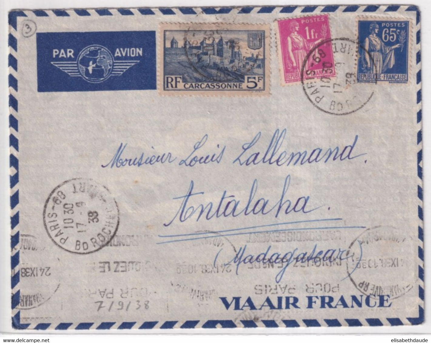 1938 - ENVELOPPE Par AVION AIR FRANCE De PARIS => ANTALAHA (MADAGASCAR) - DESTINATION ! - Storia Postale