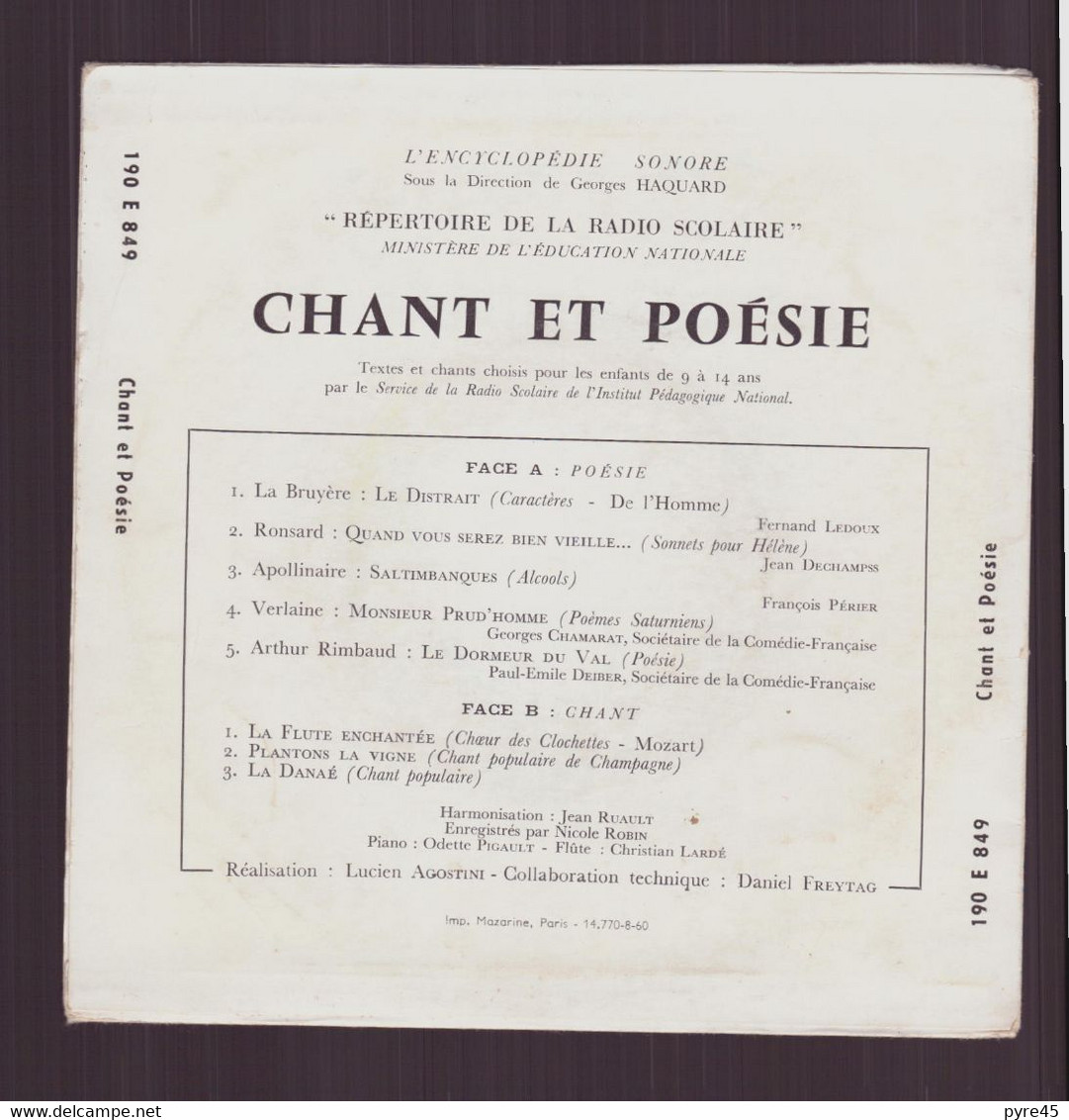 45 T " Chant Et Poésie " Répertoire De La Radio Scolaire La Bruyère, Ronsard ... - Enfants