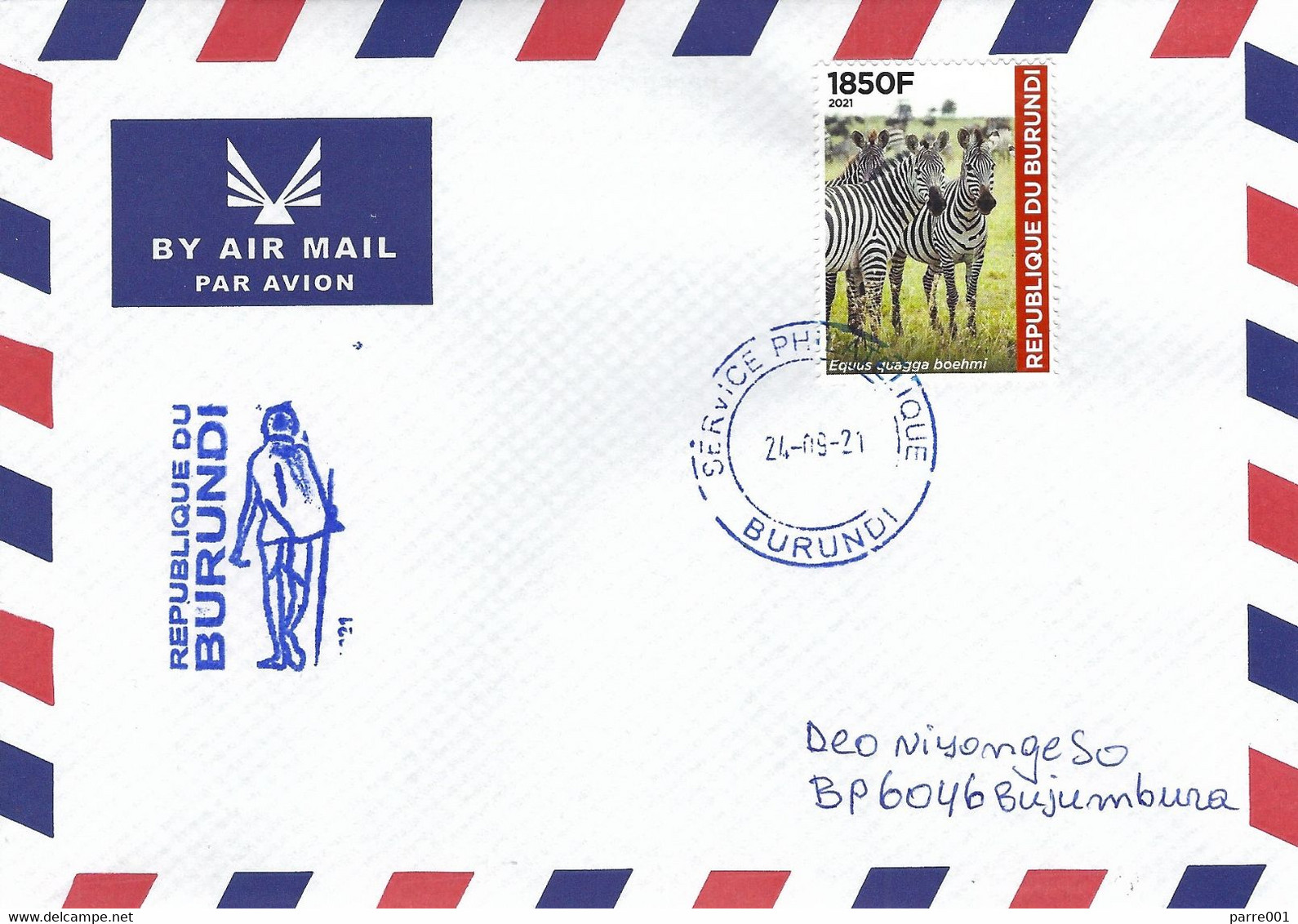 Burundi 2021 Bujumbura Grant's Zebra Equus Quagga Boehmi Gandhi Handstamp Cover - Game