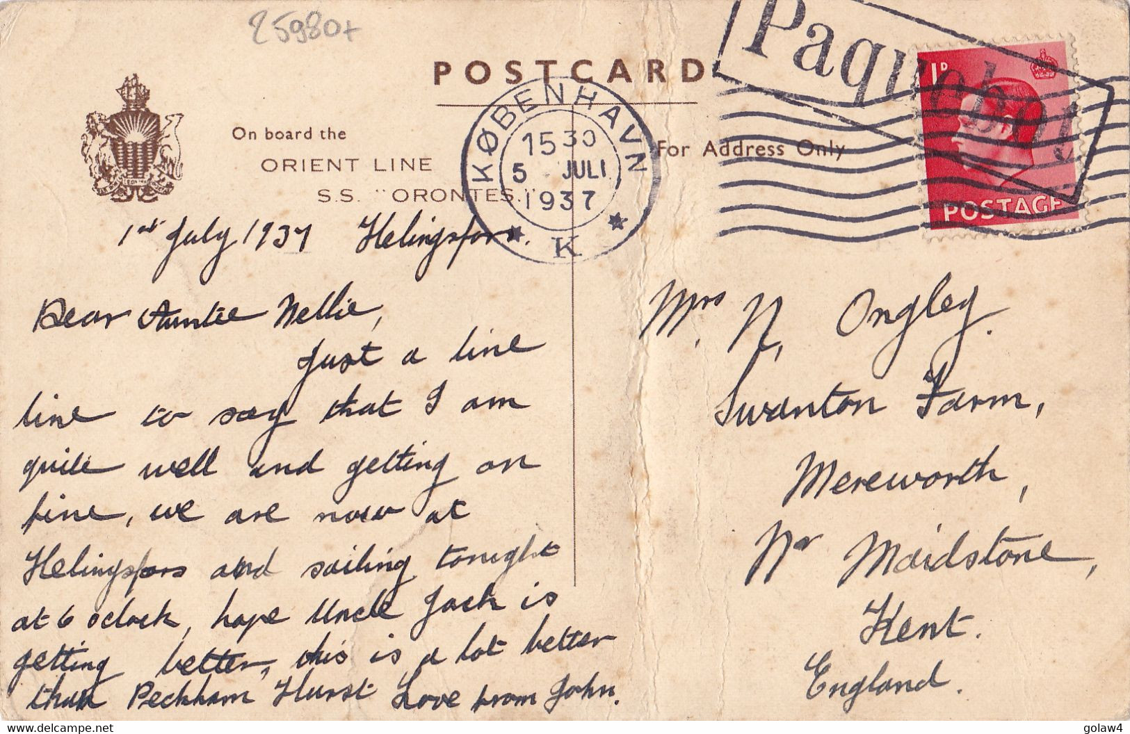 25980# EDWARD VIII CARTE POSTALE ORIENT LINE S.S. ORONTES Obl PAQUEBOT + KOBENHAVN 1937 COPENHAGUE DANEMARK - Storia Postale