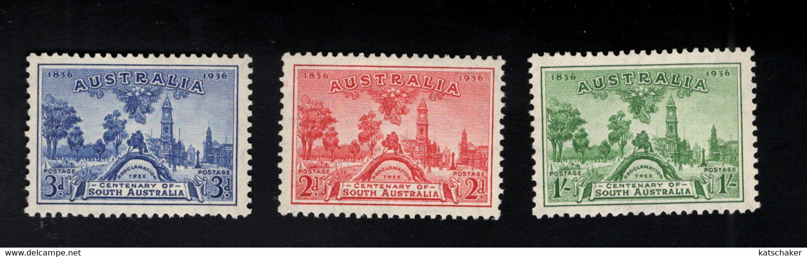 1371733220 SCOTT 159 160 161 (X) SCHARNIER HINGED MIT FALZ - PROCLAMATION TREE & VIEUW OF ADELAIDE 1936 - Mint Stamps