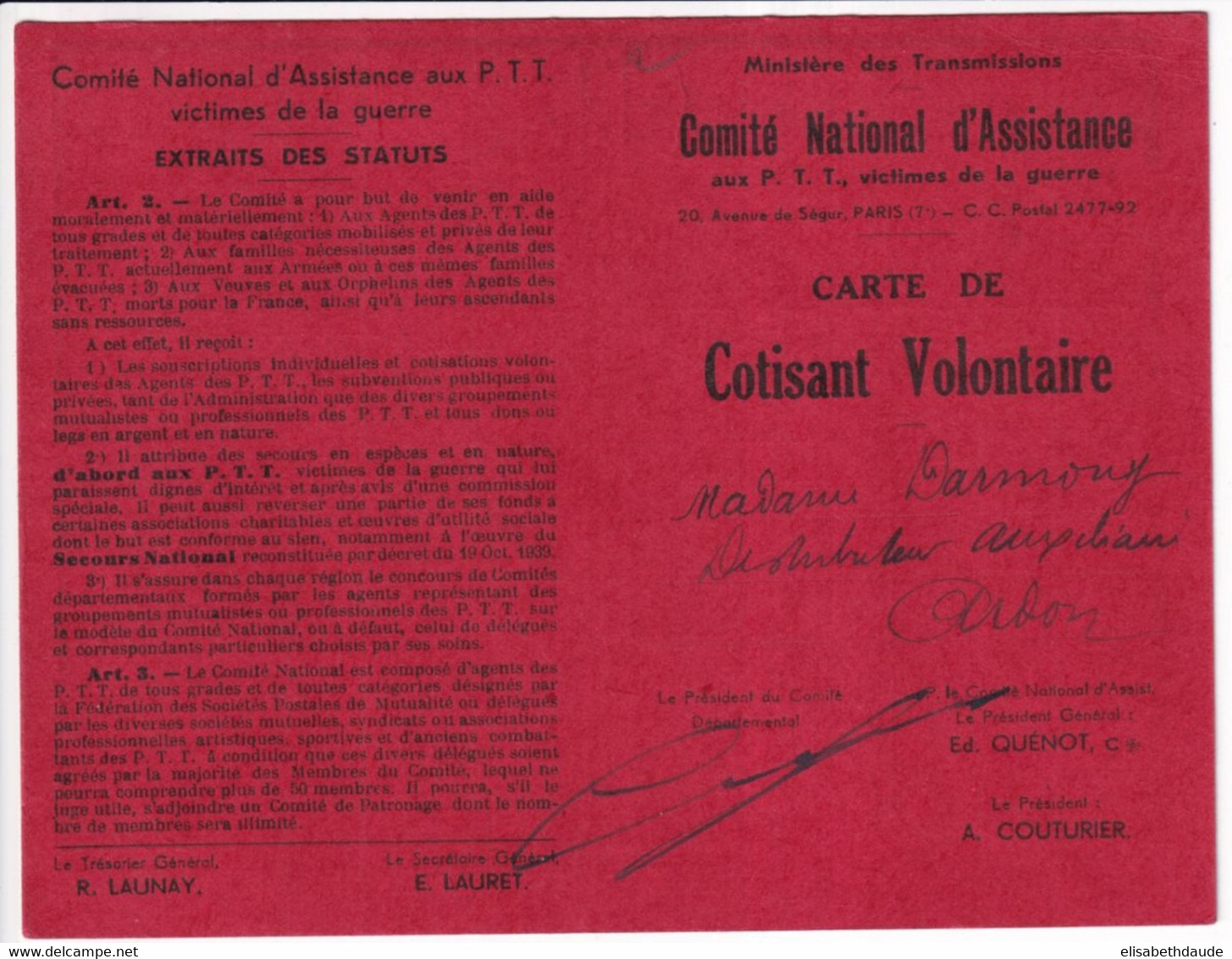 1940 - VIGNETTE BIENFAISANCE PTT VICTIMES DE GUERRE Sur CARTE (RARE !) De COTISANT VOLONTAIRE ! - Sonstige & Ohne Zuordnung