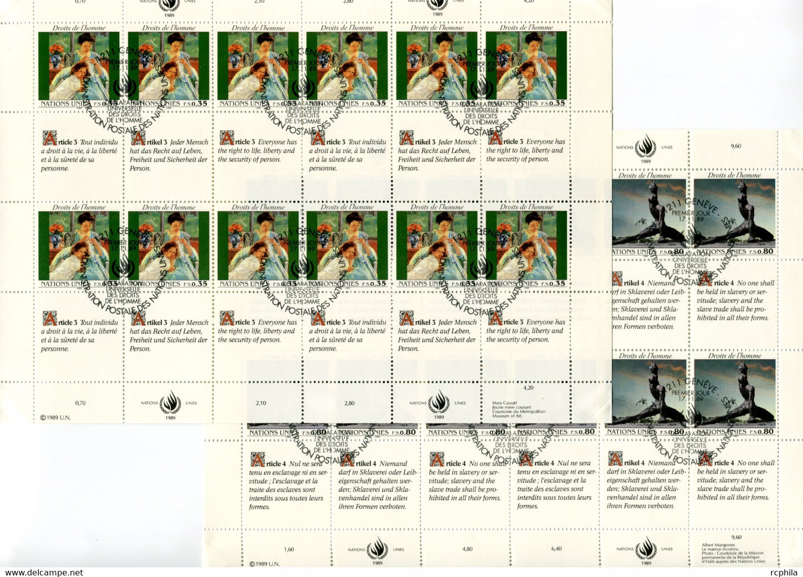 RC 21552 NATIONS UNIES GENEVE COTE 33€ N° 180 / 185 - 2 FEUILLES DROITS DE L'HOMME OBLITÉRÉES - Used Stamps