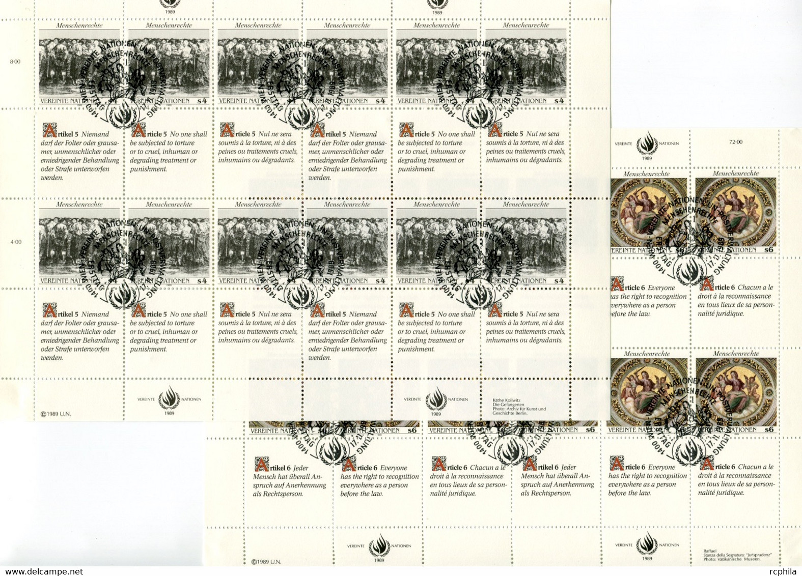 RC 21554 NATIONS UNIES VIENNE COTE 36€ N° 96 / 101 - 2 FEUILLES DROITS DE L'HOMME OBLITÉRÉES - Used Stamps