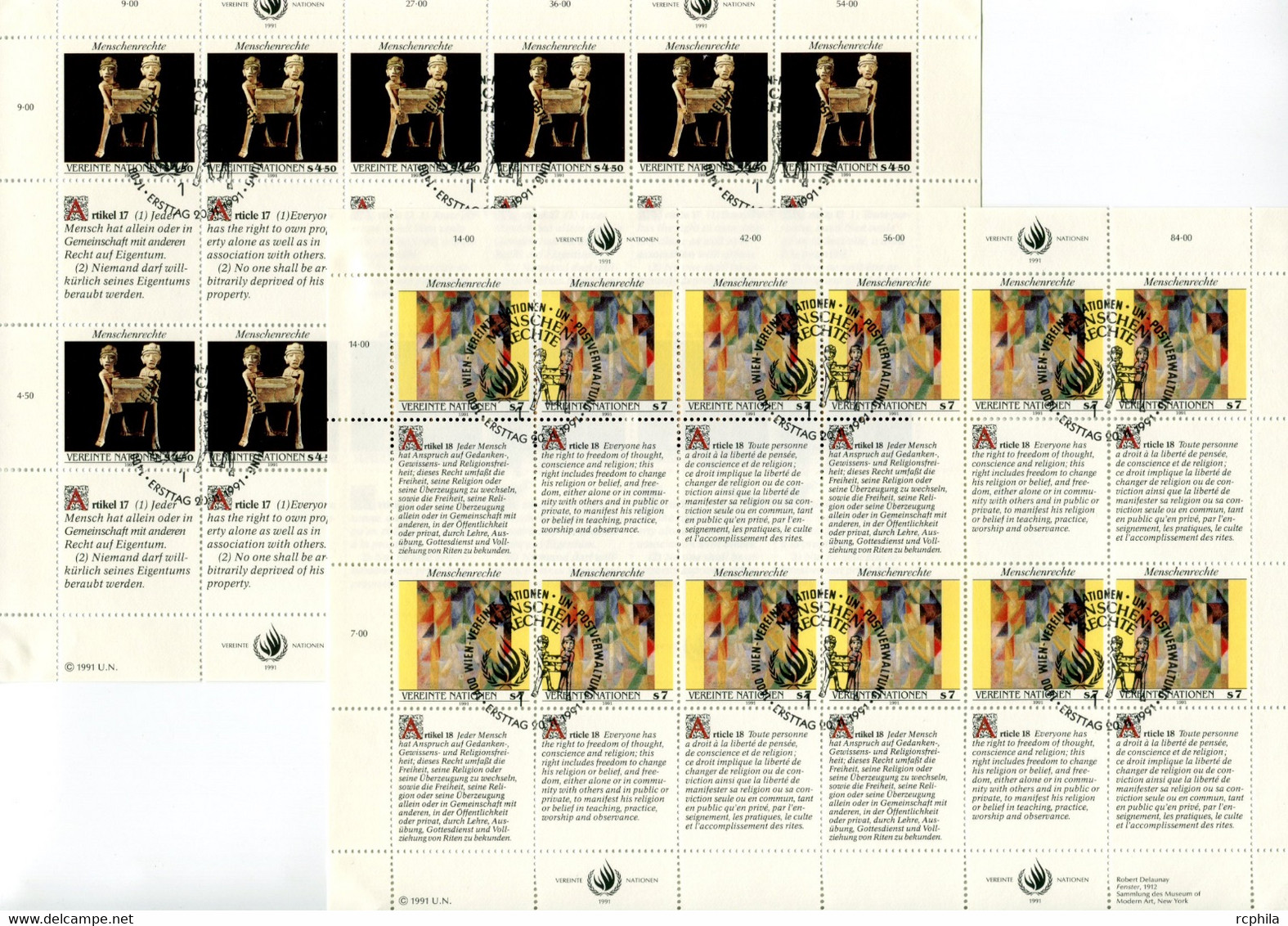 RC 21566 NATIONS UNIES VIENNE COTE 41€ N° 131 / 136 - 2 FEUILLES DROITS DE L'HOMME OBLITÉRÉES - Used Stamps