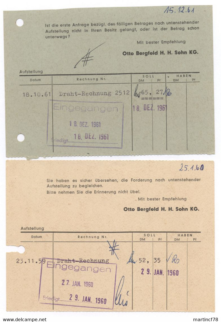 2x Beleg Otto Bergfeld H. H. Sohn KG Altena Westf. 1960 + 1961 Nach Osterode Harz - Briefe U. Dokumente