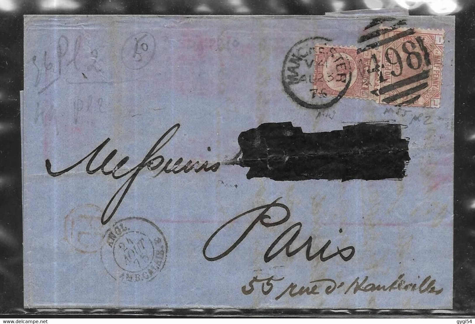 Grande Bretagne Lettre Du 24  Aout 1875 De Manchester Pour Paris Via Calais - Storia Postale