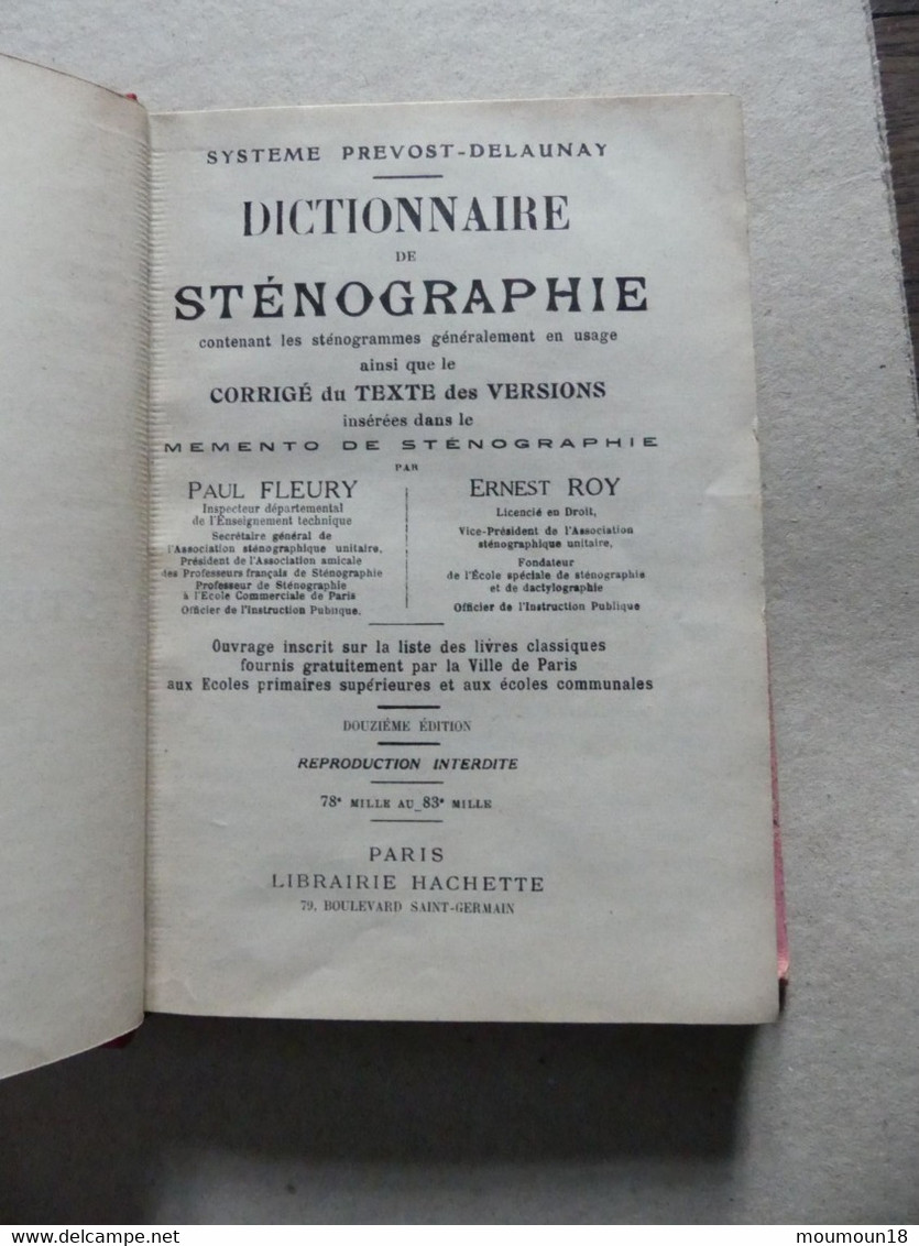 Dictionnaire De Sténographie Fleury Roy Système Prevost-Delaunay Douzième édition - Wörterbücher