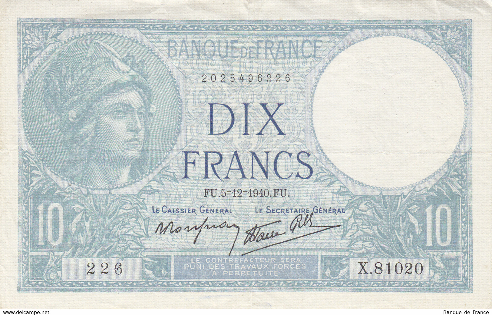 Billet 10 F Minerve Du 5-12-1940 FAY 07.23 Alph. X.81020 - 1 épinglage - 10 F 1916-1942 ''Minerve''