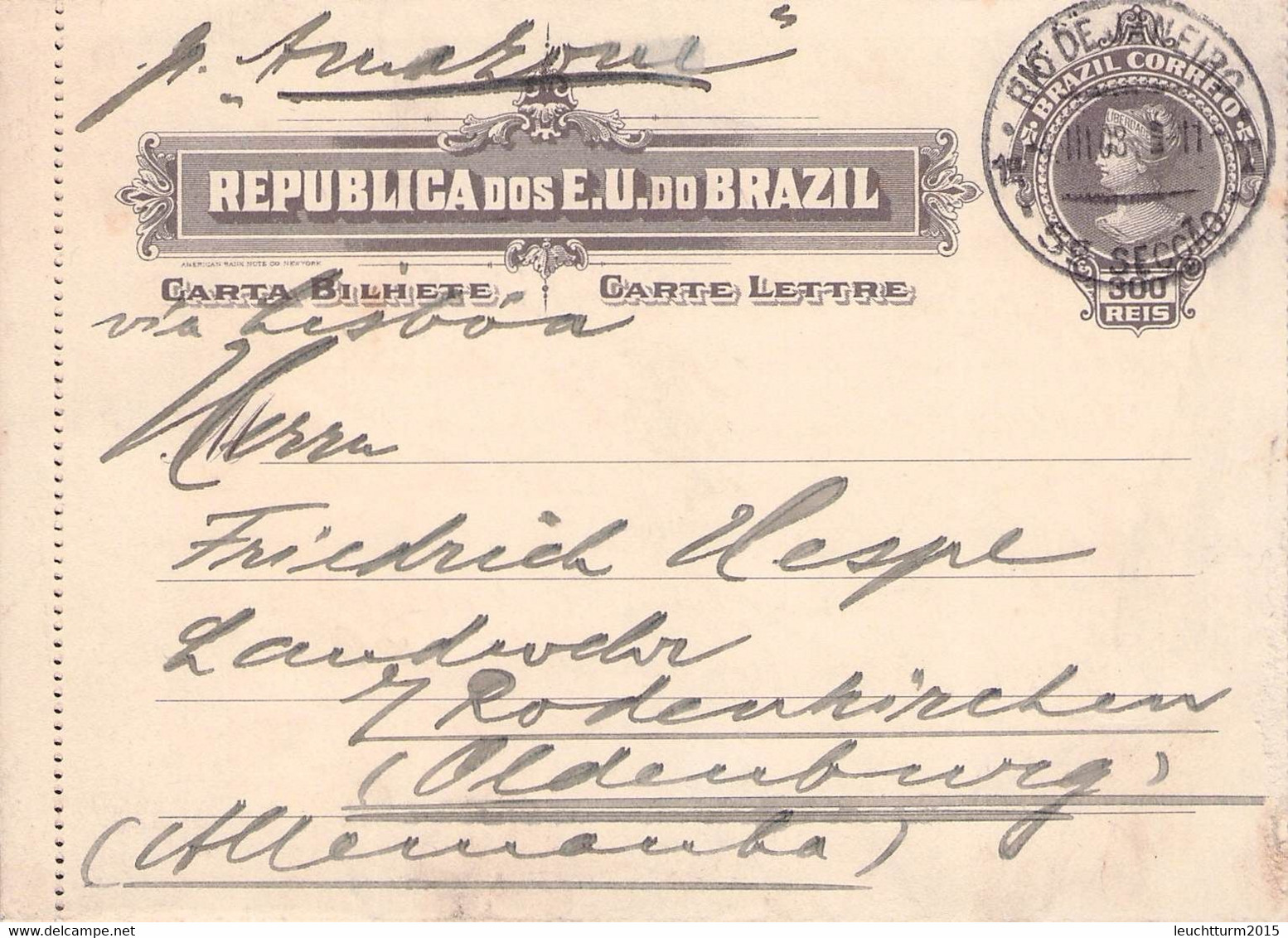 BRAZIL - CARTA BILHETE 300 REIS 1908 RIO DE JANEIRO > RODENKIRCHEN/DE / QG144 - Entiers Postaux