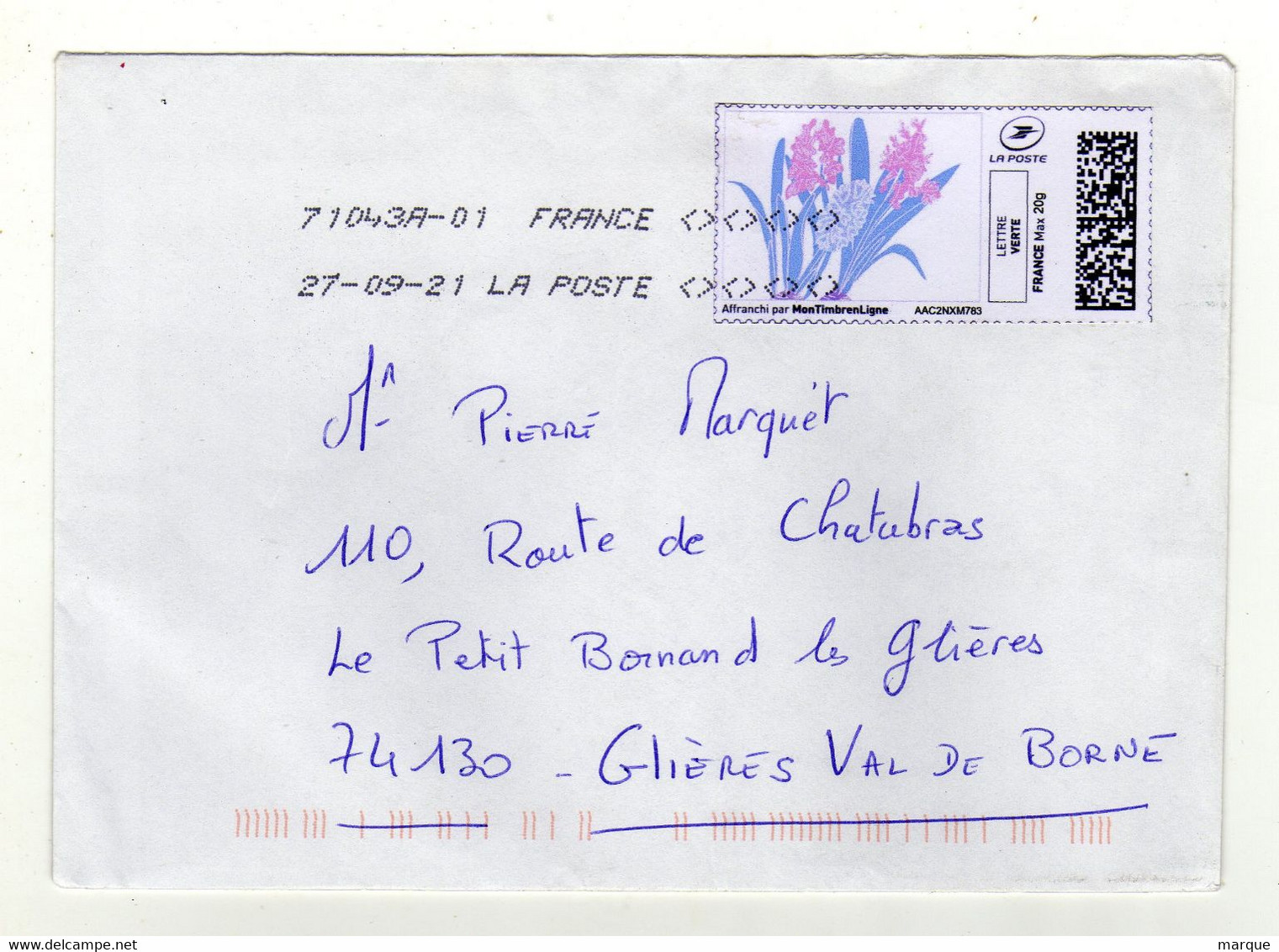 Enveloppe FRANCE Avec Vignette D' Affranchissement Lettre Verte  Oblitération LA POSTE 71043A-01 27/09/2021 - 2010-... Vignettes Illustrées