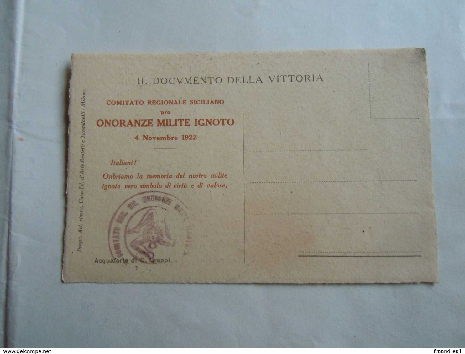 C.P.A. \P.C \.Ak  DOCUMENTO DELLA VITTORIA ONORANZE MILITE IGNOTO 1922 COM.SICILIANO - Other & Unclassified