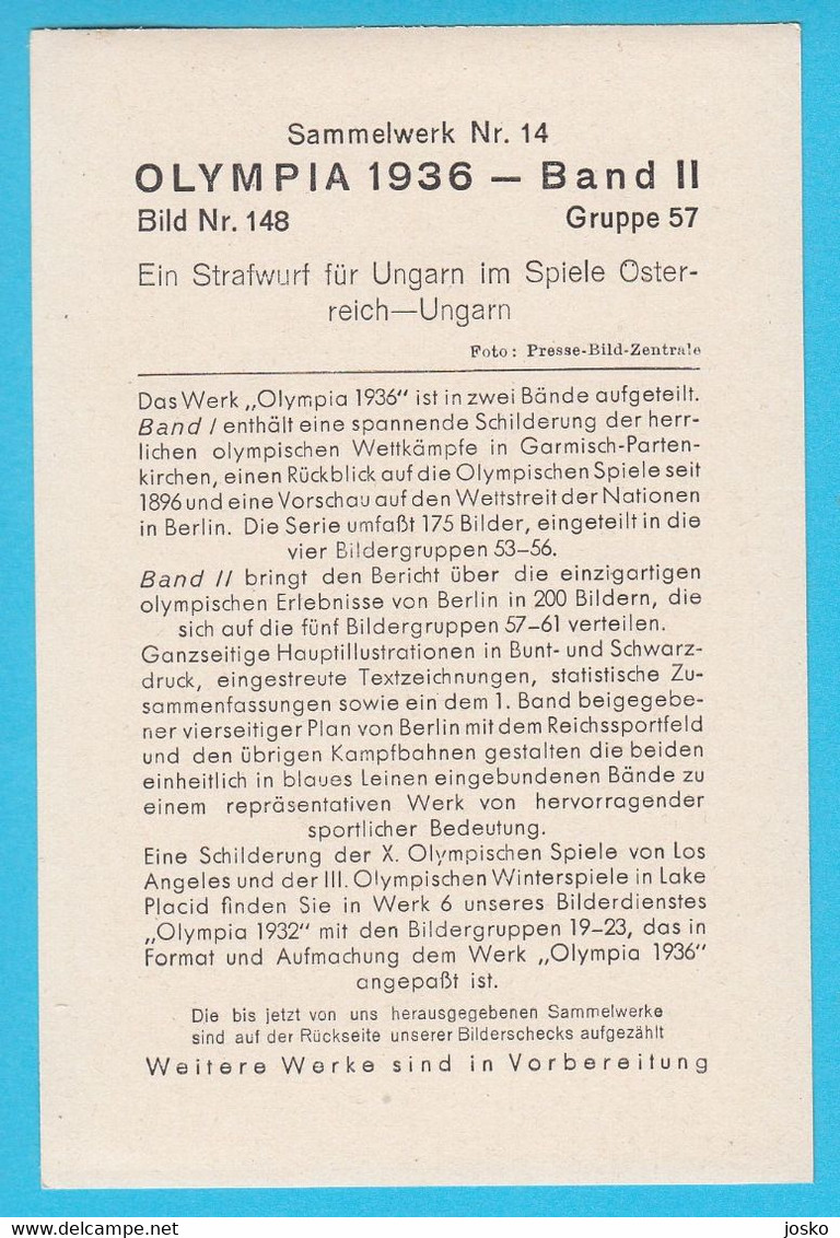 OLYMPIC GAMES BERLIN 1936 - Handball Match HUNGARY Vs AUSTRIA ... German Vintage Card * Hand-ball Balonmano Pallamano - Tarjetas
