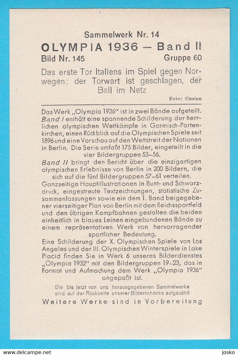 OLYMPIC GAMES BERLIN 1936 - Football Match ITALY Vs NORWAY - German Vintage Card * Soccer Calcio Fussball Italia Foot - Tarjetas