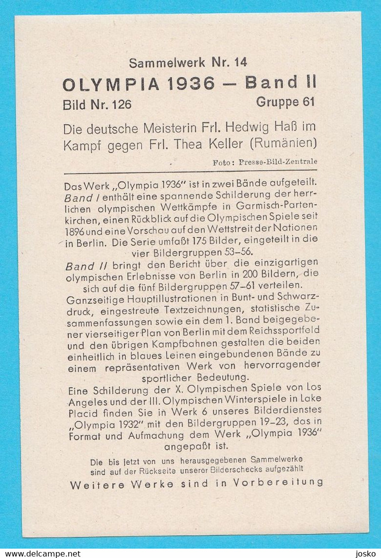 OLYMPIC GAMES BERLIN 1936 - Fencing Heedwig Haas Vs Thea Keller Romania German Vintage Card* Escrime Fechten Scherma - Trading Cards