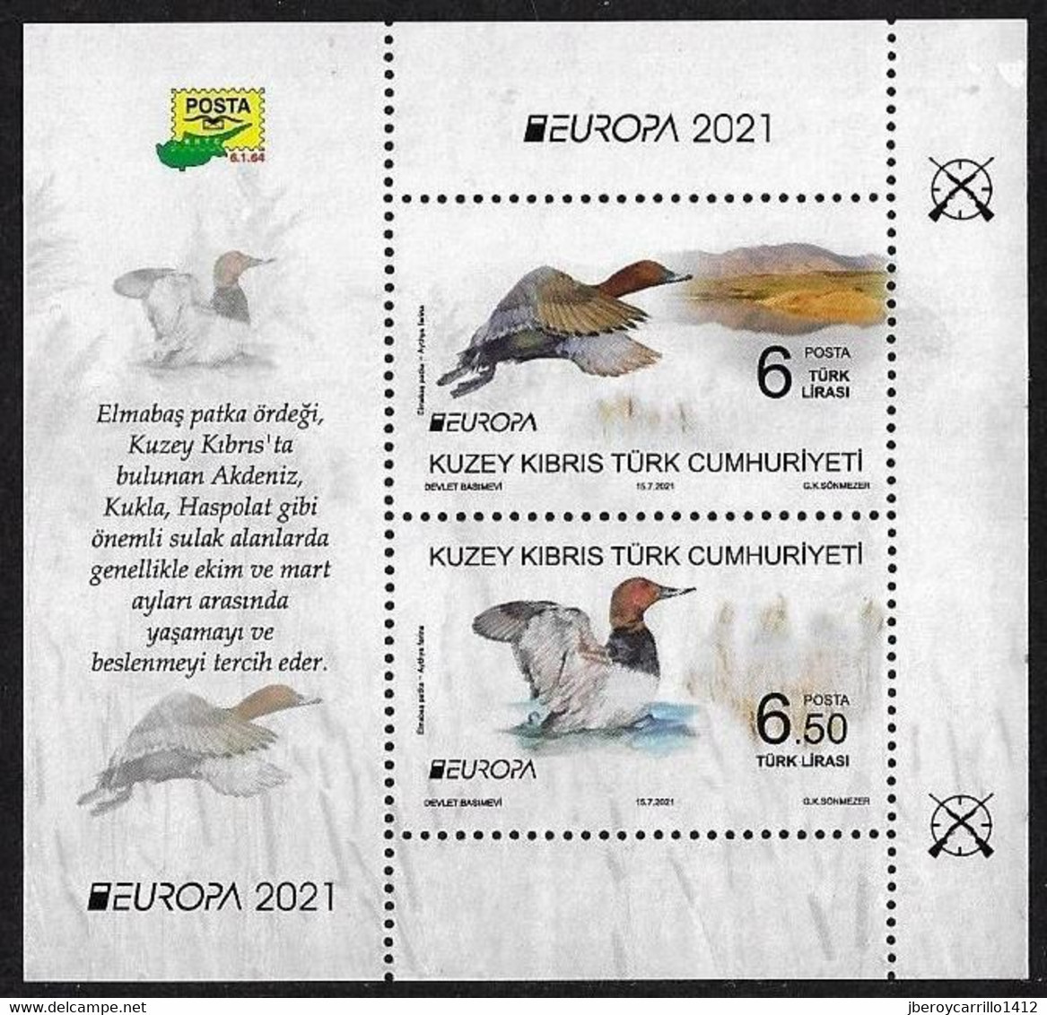 TURKISH REPUBLIC Of NORTHEN CYPRUS  /TURKISH CYPRUS -EUROPA 2021 -ENDANGERED NATIONAL WILDLIFE"- SOUVENIR SHEET /BLOCK - 2021