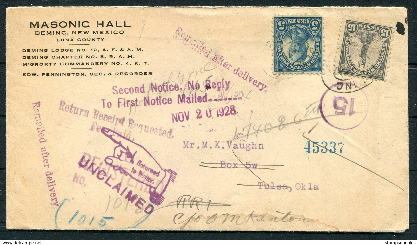 1928 USA Deming, New Mexico, Masonic Hall Cover - Tulsa Oklahoma. Redirected Unclaimed "Remailed After Delivery" - Covers & Documents