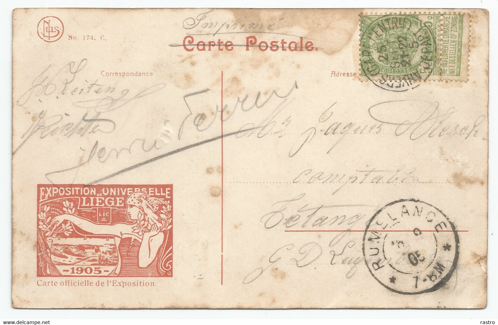 Belg. N° 56 (5c Vert) Sur Carte Off. (belle Vue Du Pont De Fragnée ! )  Vers Rumelange  (GDLux.) - 1905 – Liège (Belgium)