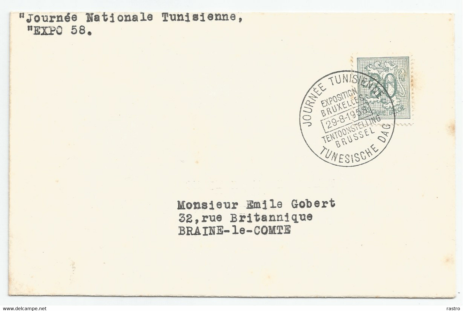 Belgique N° 1027 (30c Vert-olive)  Sur LSC Vers Braine-le-Comte    O  Journée Nationale Tunisienne    Qq Rousseurs  ! - 1958 – Bruselas (Bélgica)