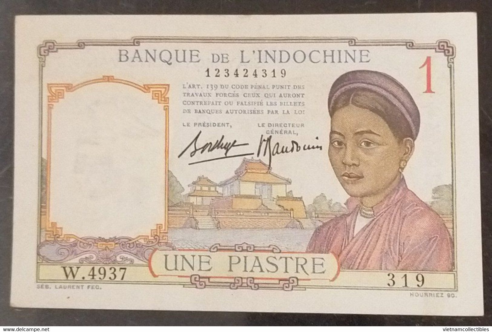 French Indochina Indo China Indochine Vietnam Cambodia 1 Piastre AU+ Banknote Note / Billet 1932-49 - Pick # 54b - Indochine