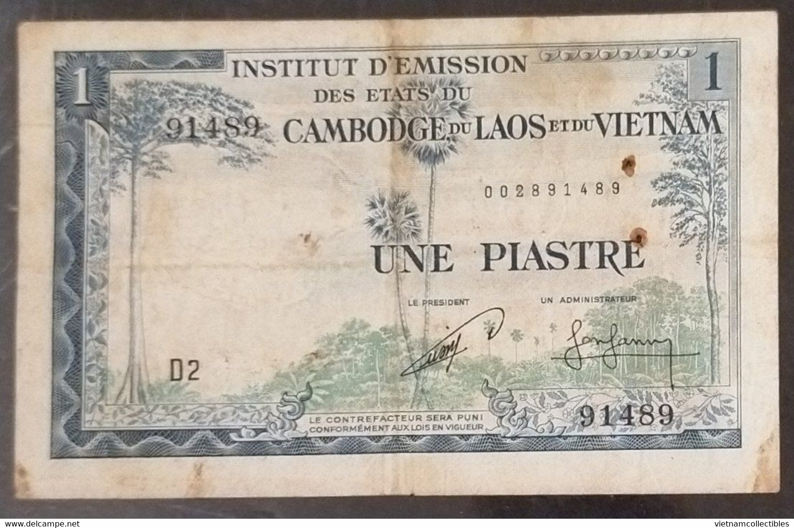 French Indochine Indochina Vietnam Viet Nam Laos Cambodia 1 Piastre VF Banknote 1954 - Pick # 94 / 02 Photos - Indochine