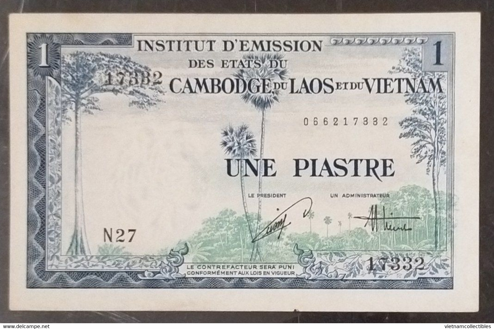 Indochine Indochina Vietnam Viet Nam Laos Cambodia 1 Piastre UNC Banknote Note 1954 - Pick # 105 / 2 Photos - Indochina