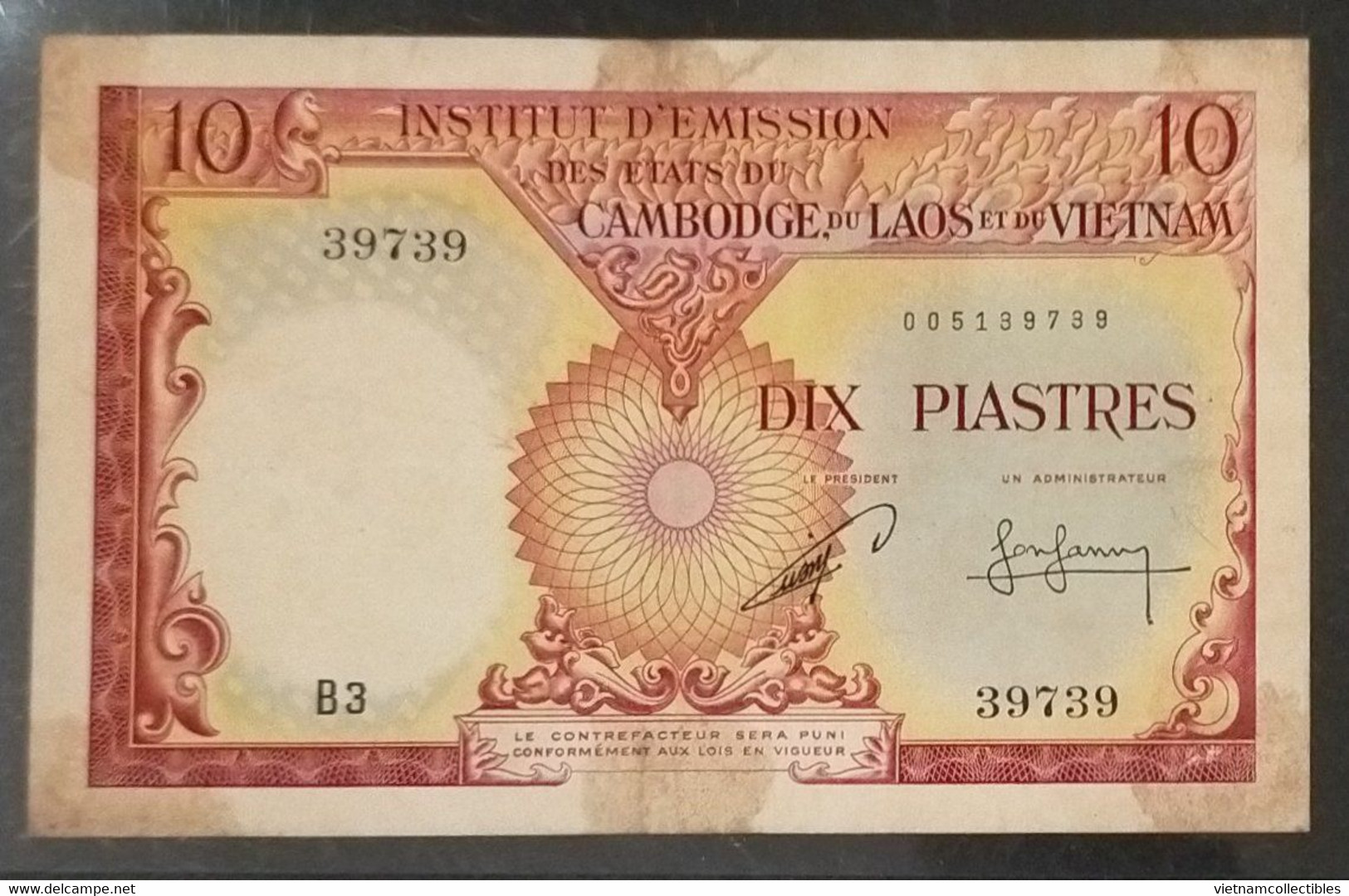 Indochine Indochina Vietnam Viet Nam Laos Cambodia 10 Piastres VF Banknote 1953 - Pick # 96b RARE- Son Sang 's Signature - Indochina